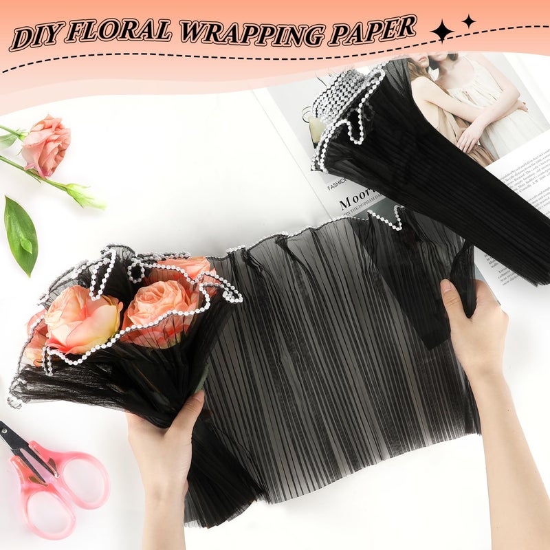 rolyta Flower Wrapping Paper Pearl Edge, 4.37 Yards Pearl Mesh for Bouquets, Black Bouquet Wrapping Mesh Paper for DIY Crafts, Party Favor Decor, Wedding, Valentine's Day - Image 4